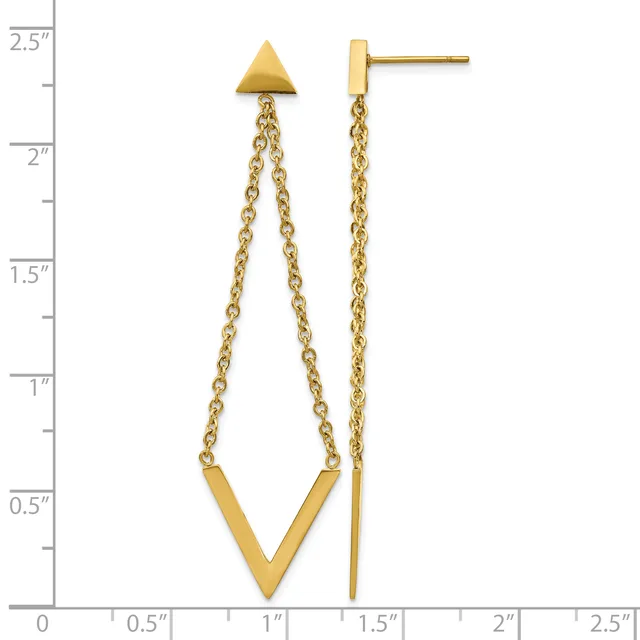 Gold-toned stud earrings with triangular tops and two chain strands hanging down to a V-shaped bar, displayed against a measurement scale.