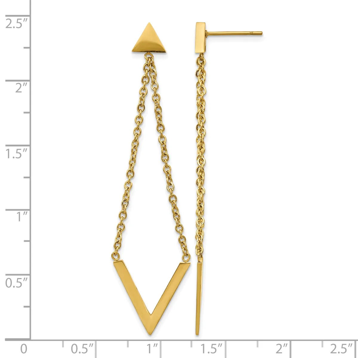 Gold-toned stud earrings with triangular tops and two chain strands hanging down to a V-shaped bar, displayed against a measurement scale.