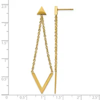 Gold-toned stud earrings with triangular tops and two chain strands hanging down to a V-shaped bar, displayed against a measurement scale.