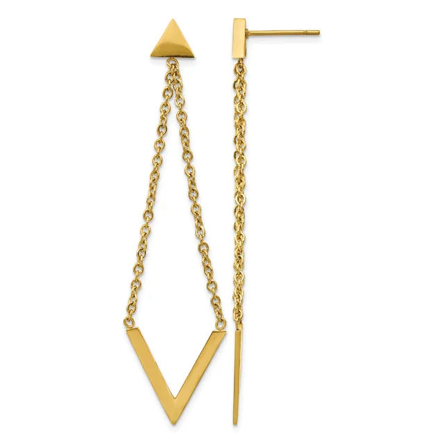 Pair of gold-toned stud earrings with small triangular tops and long chain strands ending in V-shaped bars, displayed against a white background.