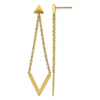 Pair of gold-toned stud earrings with small triangular tops and long chain strands ending in V-shaped bars, displayed against a white background.