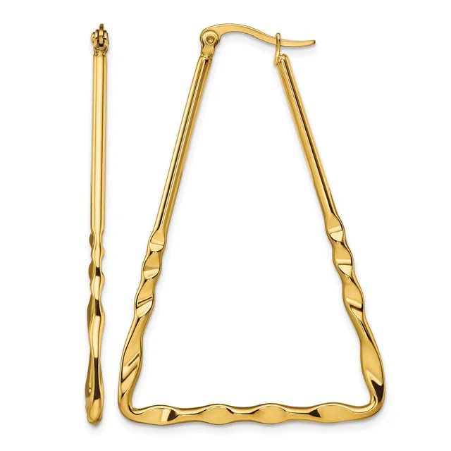 Pair of gold-colored trapezoid hoop earrings with textured sides, shown from front and side views with ear wires attached.