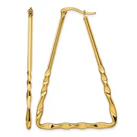 Pair of gold-colored trapezoid hoop earrings with textured sides, shown from front and side views with ear wires attached.