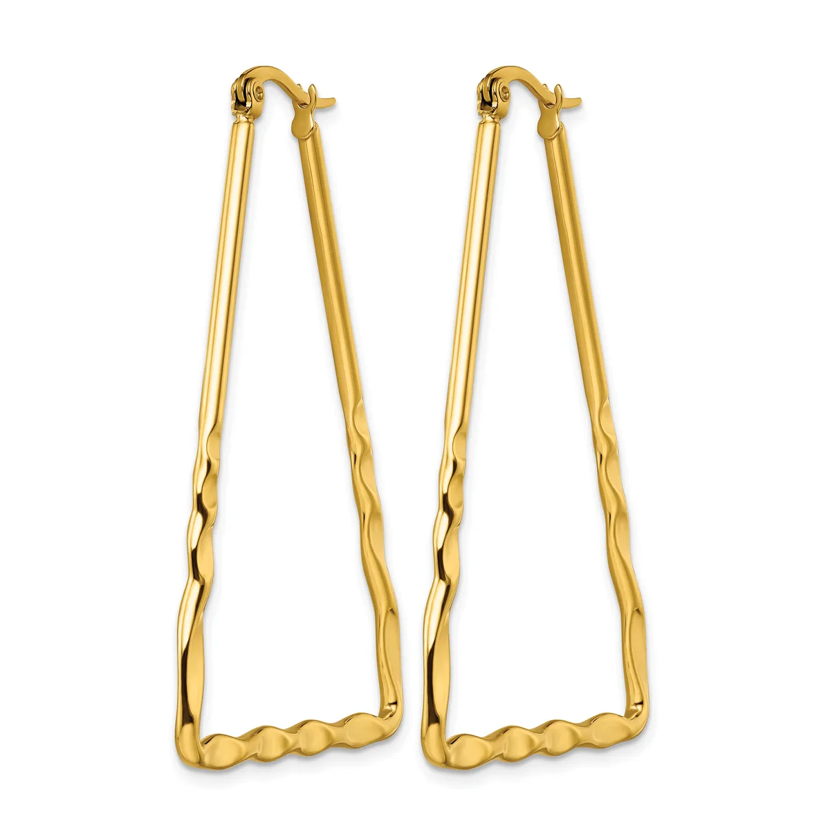 Pair of gold-toned hoop earrings with twisted textured sides and beaded details along the bottom, shown against a white background.