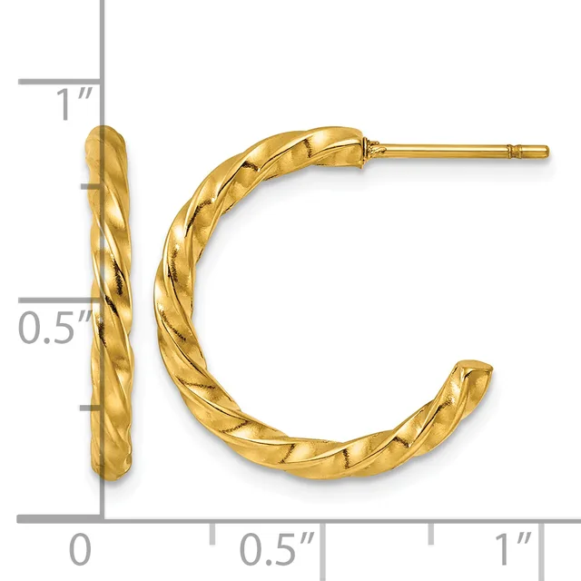 A pair of twisted gold hoop earrings with posts and backs, shown next to a ruler measuring approximately one inch in length and half an inch in width.