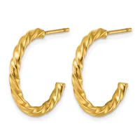 Pair of gold twisted hoop earrings with posts and backs, shown against a white background.