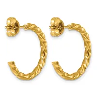 Pair of gold twisted hoop earrings with stud posts and backs, displayed against a white background.