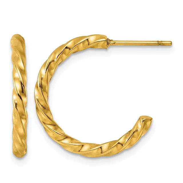 Pair of gold twisted hoop earrings with posts and backs, shown from front and side angles.