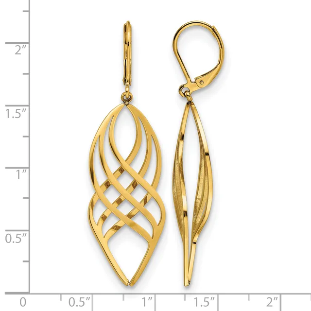 Two gold dangle earrings with interlocking oval and geometric cutout designs, shown front and side views against a measurement scale.