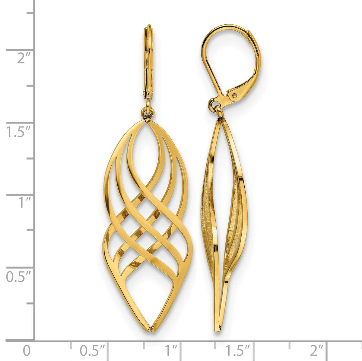 Two gold dangle earrings with interlocking oval and geometric cutout designs, shown front and side views against a measurement scale.