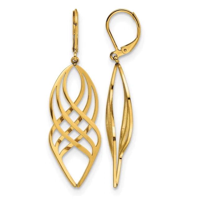 A pair of gold-toned leaf-shaped drop earrings with interlocking curved cutout details, shown from front and back views with lever-back closures.