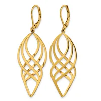 Pair of gold-colored drop earrings with lever backs featuring elongated oval lattice designs with interwoven curved bands.