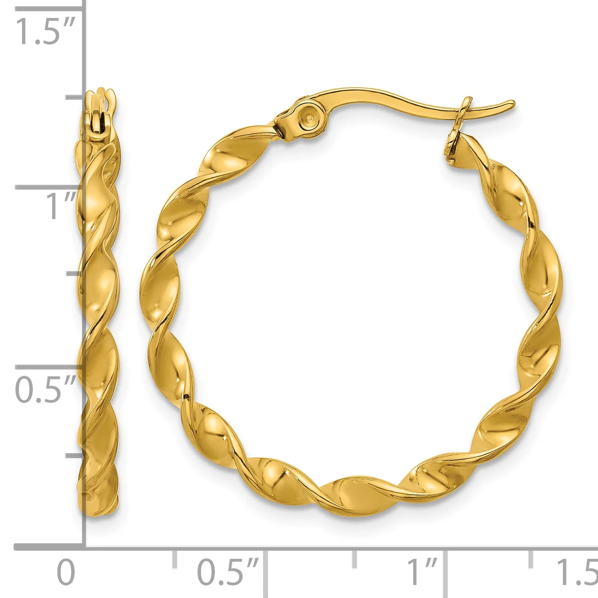 Gold-tone twisted hoop earrings with surgical steel posts and backs, shown next to a ruler measuring approximately 1.25 inches in diameter.