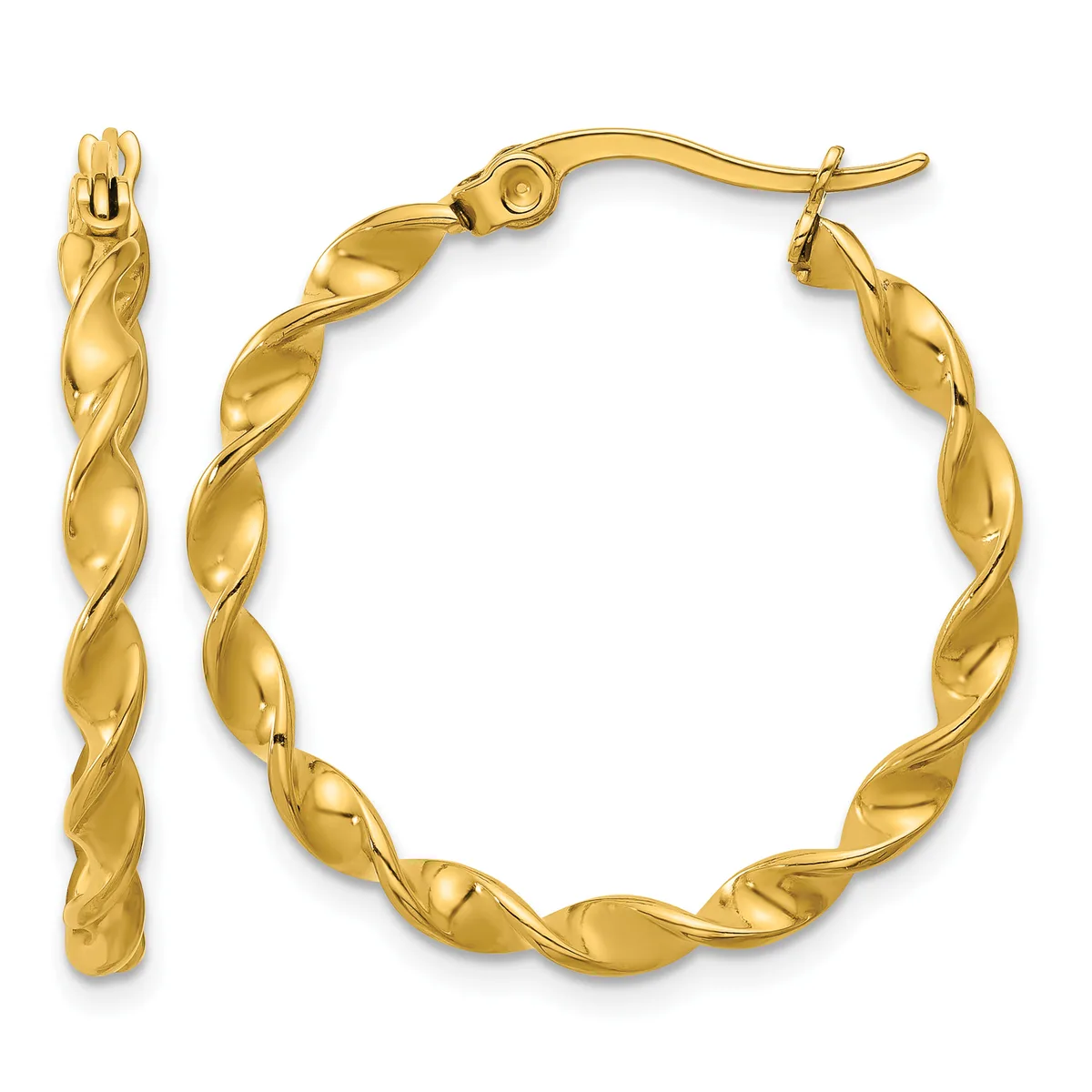 A pair of twisted gold hoop earrings displayed against a white background, shown from the front and side views.