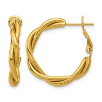 A pair of gold twisted hoop earrings shown from front and side views, featuring a crossover rope texture design with post and clutch closures.