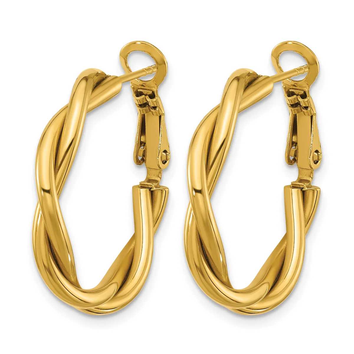 A pair of gold-toned twisted hoop earrings with hinged clasp closures, displayed side by side against a white background.