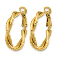 A pair of gold-toned twisted hoop earrings with hinged clasp closures, displayed side by side against a white background.
