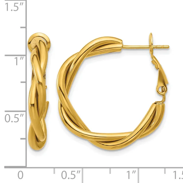 Pair of twisted gold hoop earrings with post and clasp backs, displayed against a measurement scale showing approximately 1.25 inches in length.