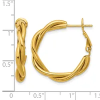 Pair of twisted gold hoop earrings with post and clasp backs, displayed against a measurement scale showing approximately 1.25 inches in length.