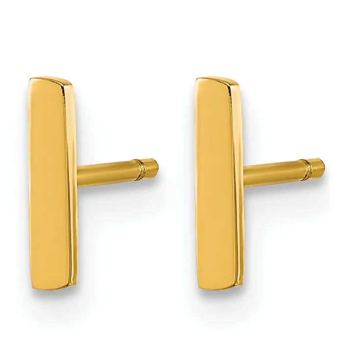 A pair of polished gold rectangular bar earrings with post and clutch backs, shown from the front.