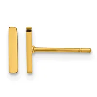 Pair of polished gold rectangular bar stud earrings shown from front and side views with posts and backs visible.