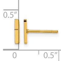 Two gold-plated rectangular stud earrings shown front and side view, each measuring 0.5 inches tall by 0.5 inches wide with a polished finish and small hallmark.
