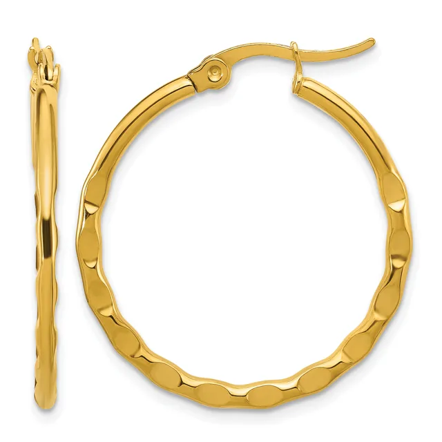 A pair of gold hoop earrings with a textured, segmented surface shown from the front and side view.
