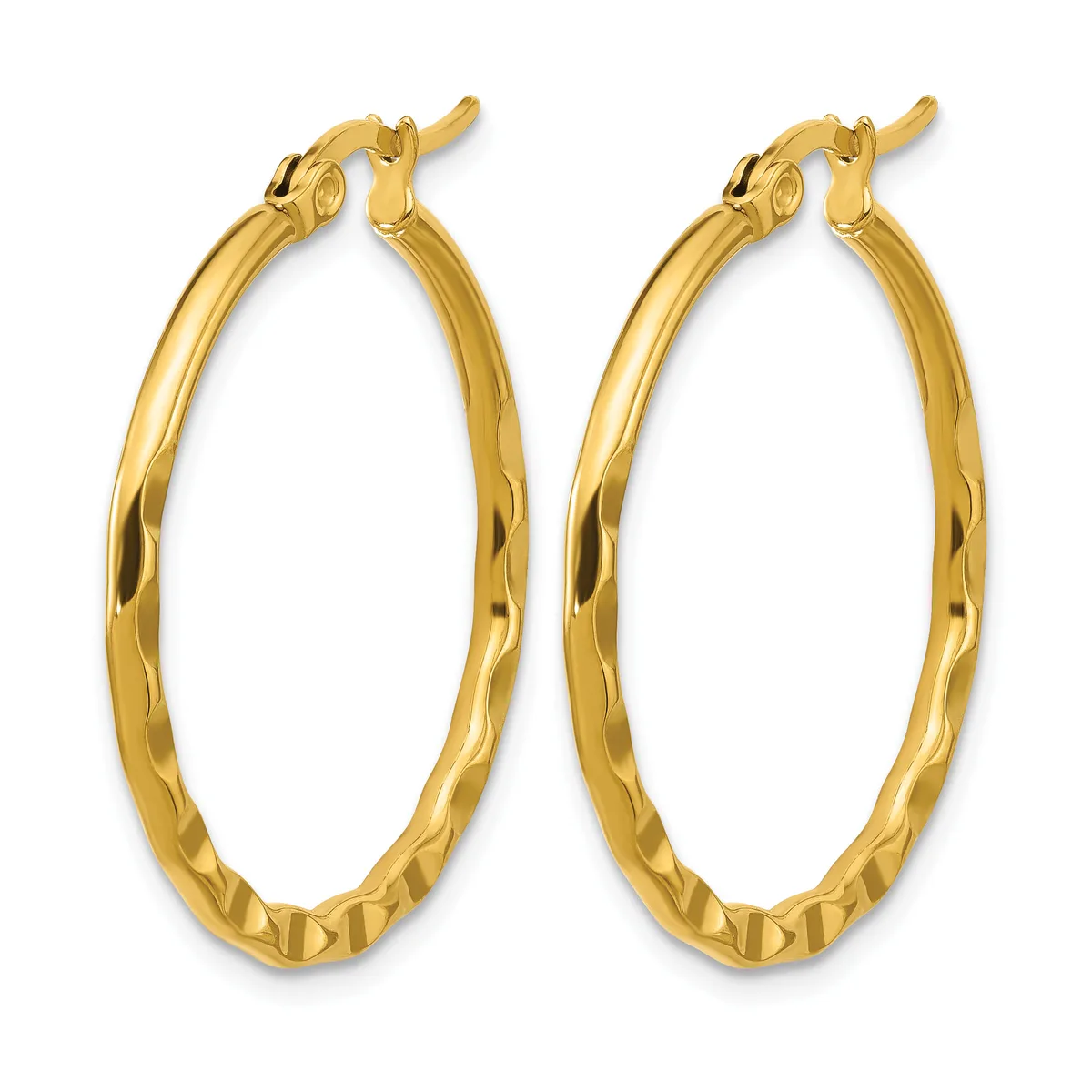 A pair of gold twisted hoop earrings with hinged posts and backs displayed against a white background.