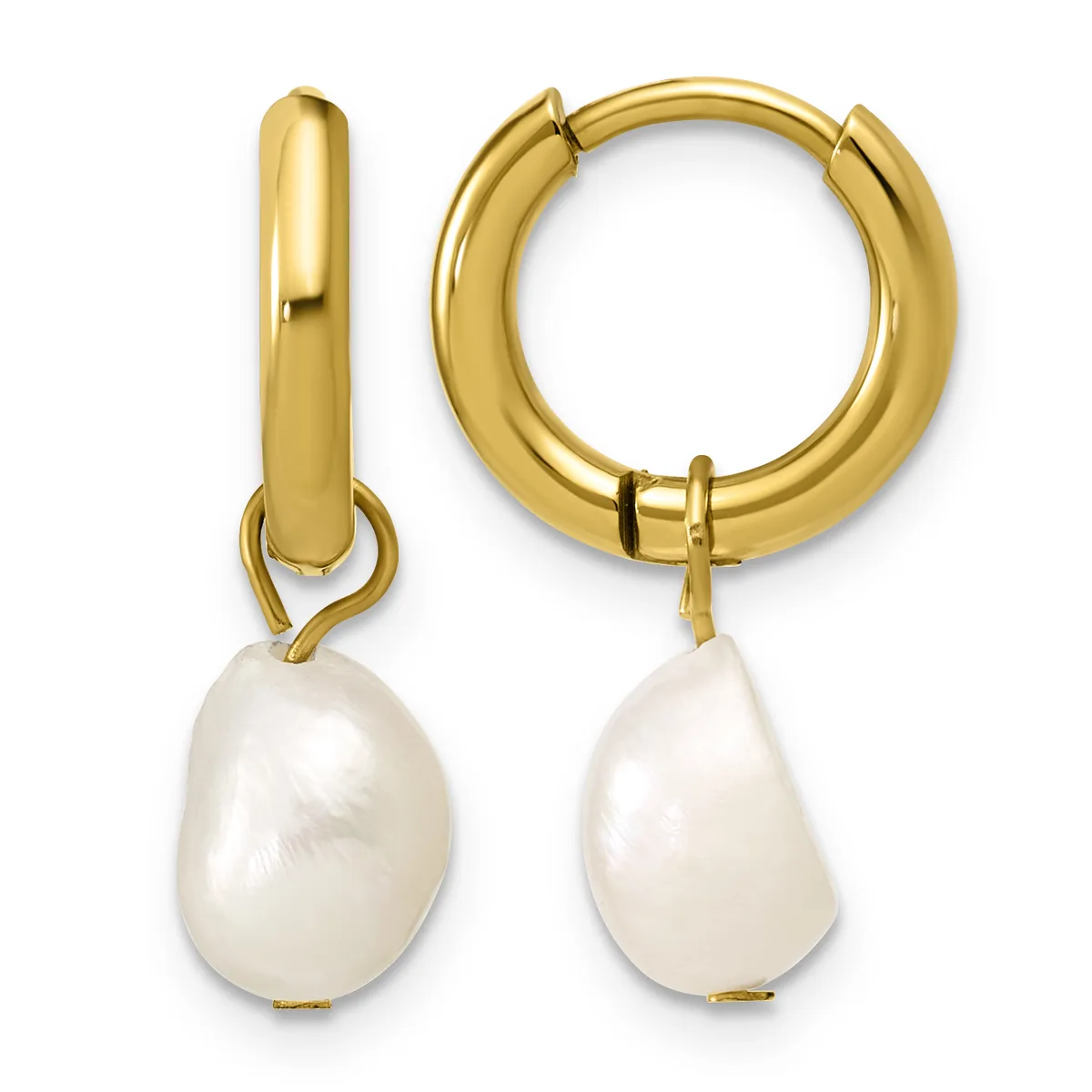 A pair of gold hoop earrings with baroque pearl drops, shown from front and side views.