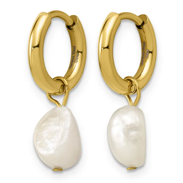 Pair of gold-toned chunky hoop earrings with white baroque pearl drops attached below.