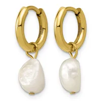 Pair of gold-toned chunky hoop earrings with white baroque pearl drops attached below.