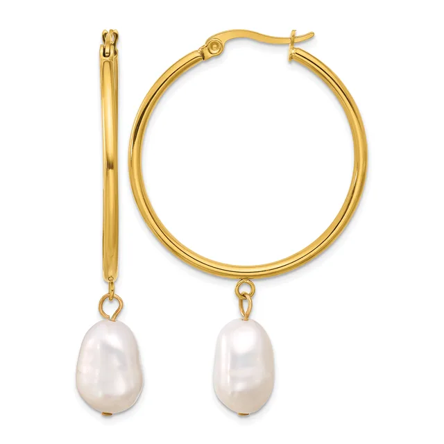 Pair of gold hoop earrings with dangling white pearl drops, shown from front and side views.