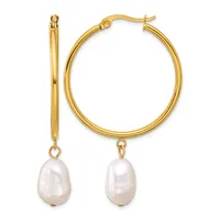 Pair of gold hoop earrings with dangling white pearl drops, shown from front and side views.