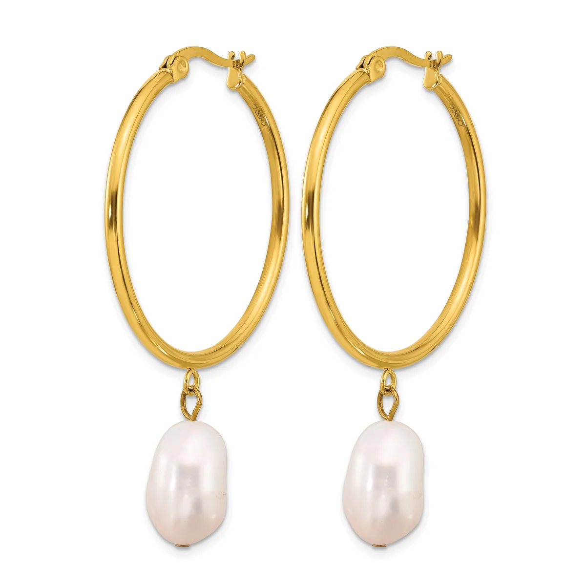 Pair of gold-toned hoop earrings with white pearl drops hanging from the bottom.
