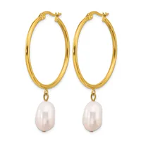 Pair of gold-toned hoop earrings with white pearl drops hanging from the bottom.