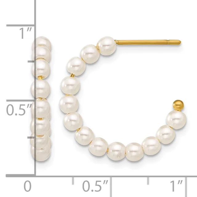 Gold stud earrings with white pearl beads arranged in curved lines, shown next to a ruler measuring approximately one inch in length.
