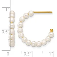 Gold stud earrings with white pearl beads arranged in curved lines, shown next to a ruler measuring approximately one inch in length.
