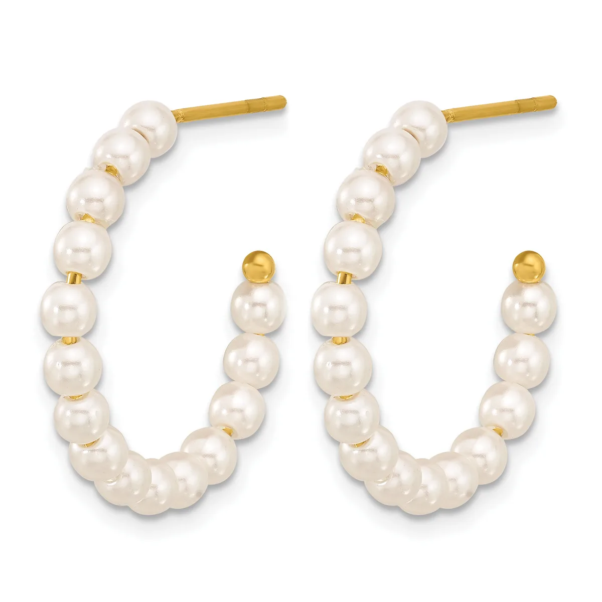 Pair of gold hoop earrings with white pearl beads and small gold sphere accents, displayed against a white background.