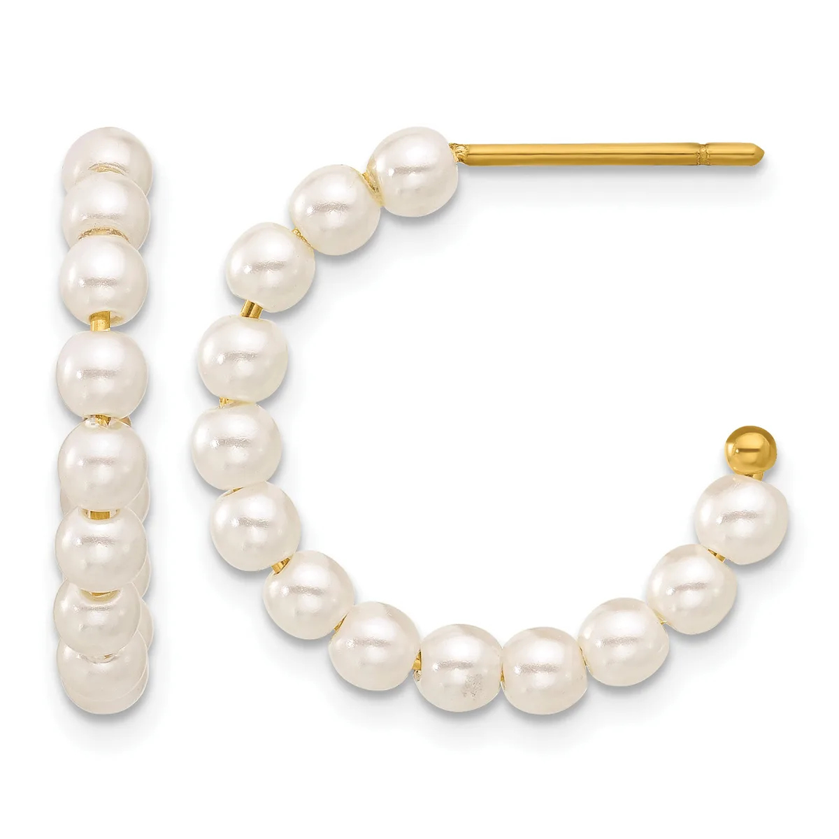 Gold hoop earrings with white pearl accents arranged in a curved design, displayed against a white background.