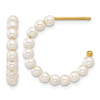 Gold hoop earrings with white pearl accents arranged in a curved design, displayed against a white background.