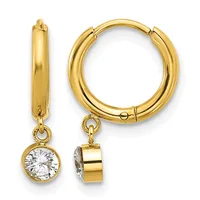 Pair of gold hoop earrings with bezel-set round cubic zirconia gemstones dangling from hinged closures, shown from front and side views.