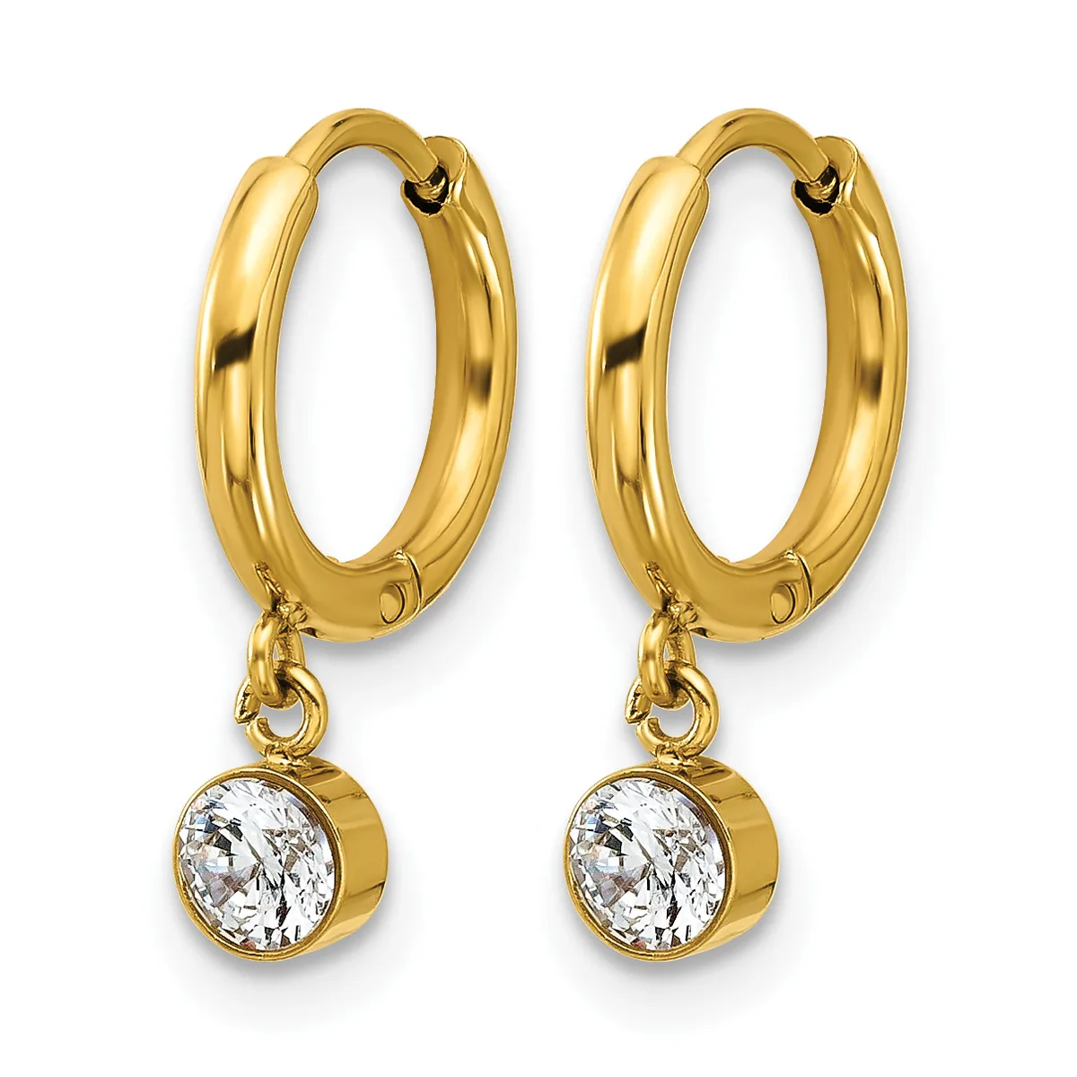 A pair of gold hoop earrings with bezel-set round cubic zirconia gemstones hanging from the bottom of each hoop.