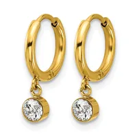 A pair of gold hoop earrings with bezel-set round cubic zirconia gemstones hanging from the bottom of each hoop.