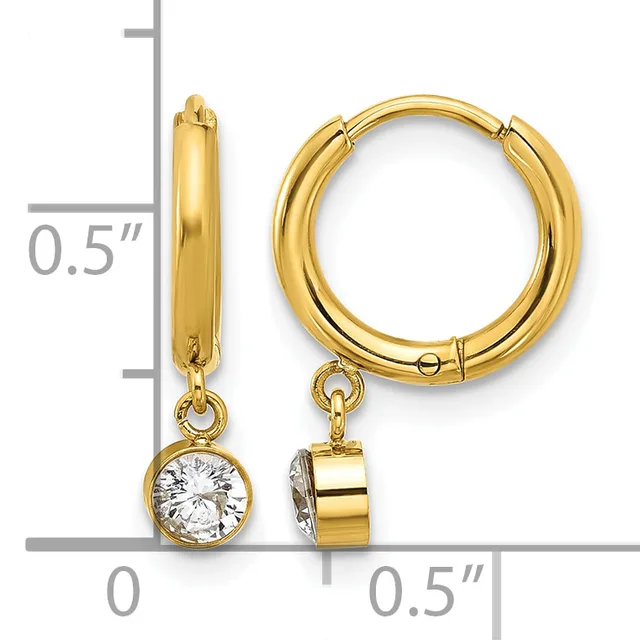 Pair of gold hoop earrings with dangling round cubic zirconia stones, displayed with a measurement scale showing approximately 0.5 inches in diameter.