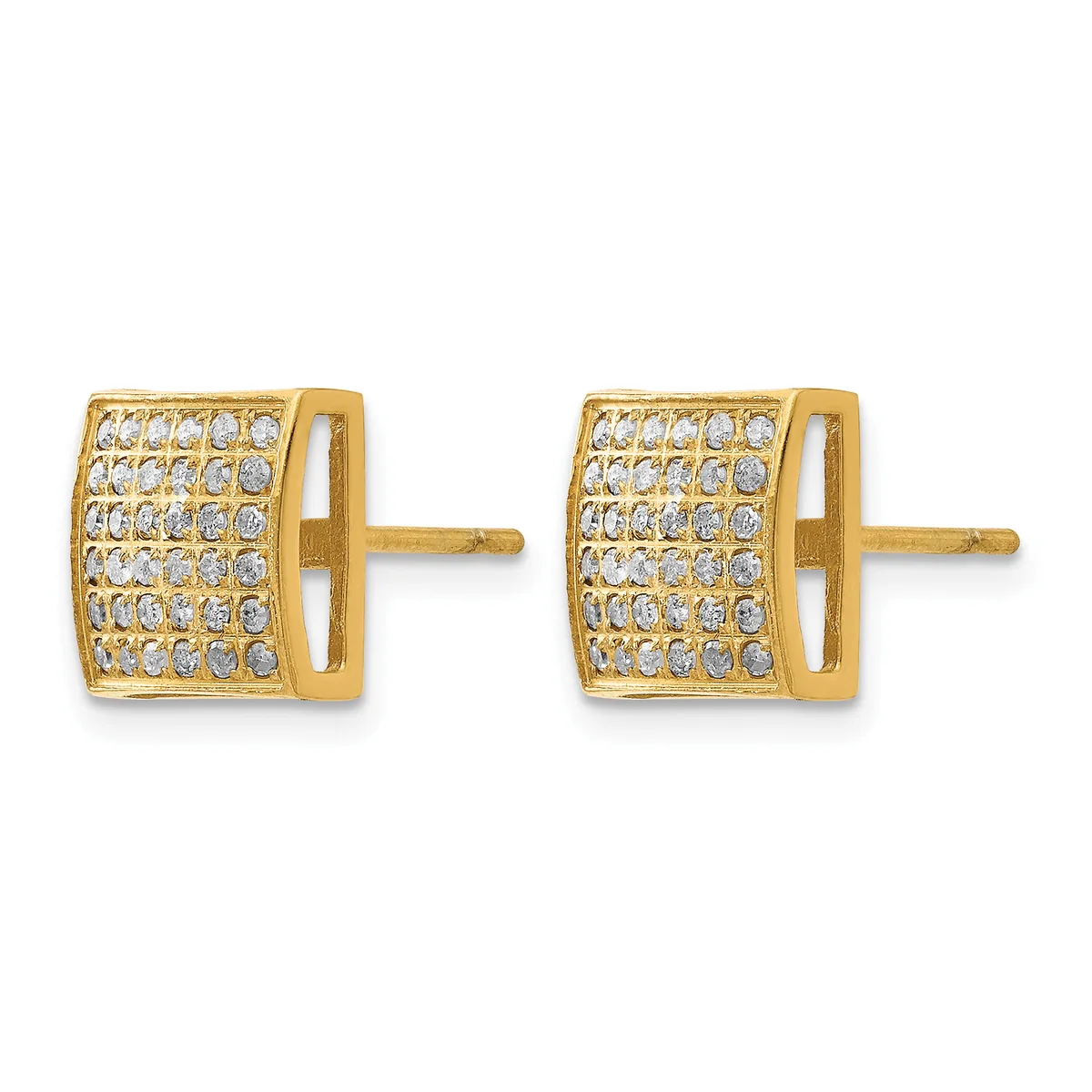 Pair of gold-colored square stud earrings with pave-set clear crystals arranged in a grid pattern, shown from the front and back.