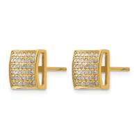 Pair of gold-colored square stud earrings with pave-set clear crystals arranged in a grid pattern, shown from the front and back.