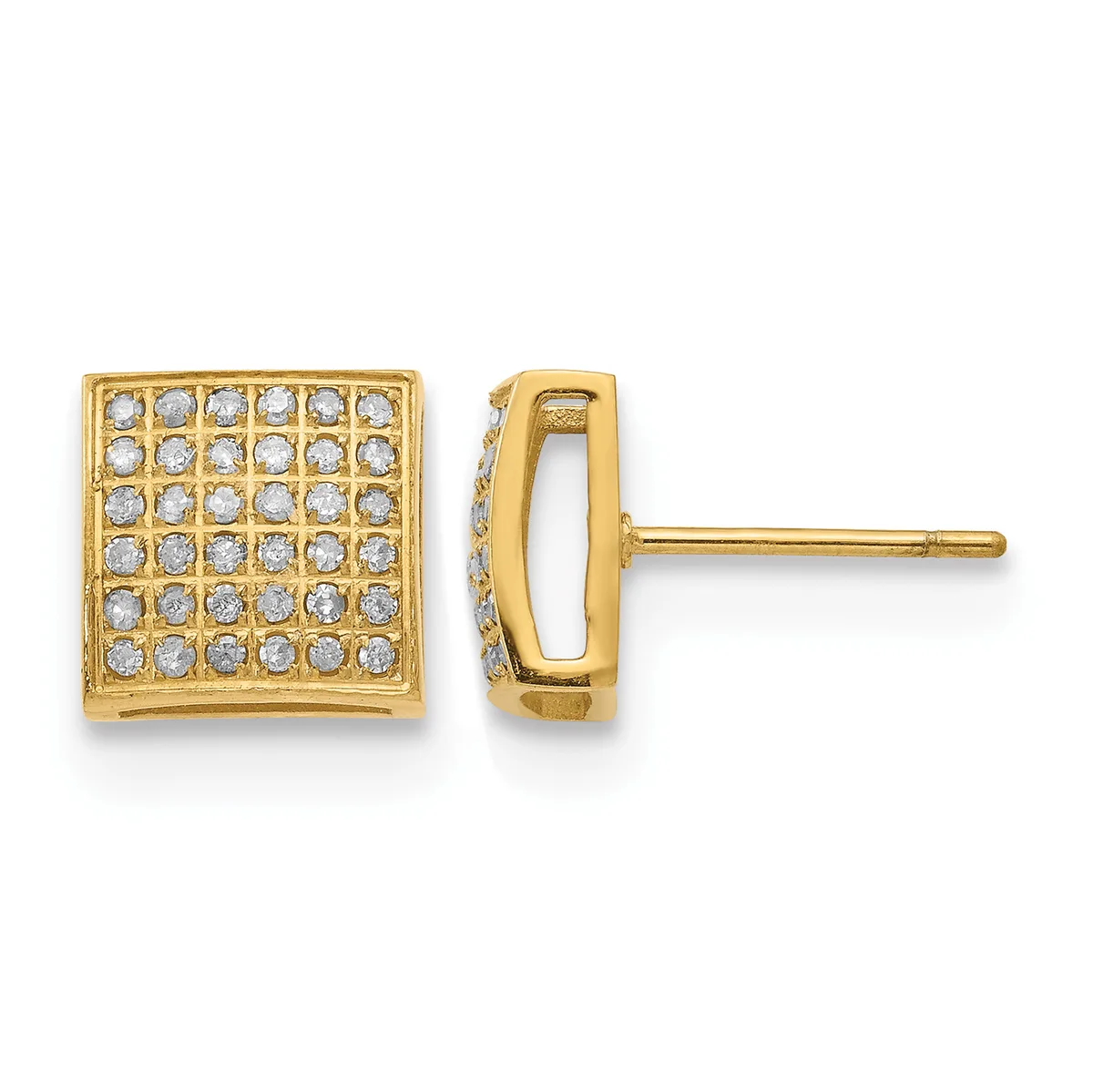 Pair of gold-tone square stud earrings with pave-set cubic zirconia stones, shown from front and side view.