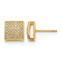 Pair of gold-tone square stud earrings with pave-set cubic zirconia stones, shown from front and side view.