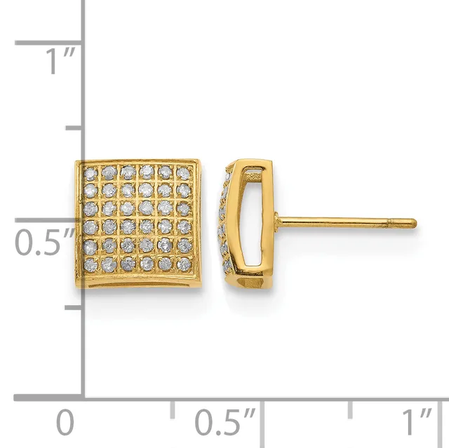 Gold-toned square stud earrings with pave-set round crystals, shown front and side view against a measurement scale.