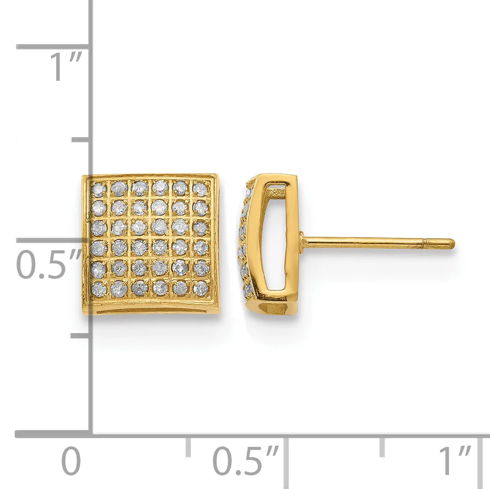 Gold-toned square stud earrings with pave-set round crystals, shown front and side view against a measurement scale.